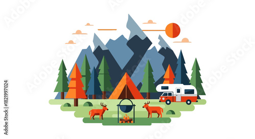Flat design illustration of a campsite with mountains, trees, campfire, and deer, evoking adventure and nature