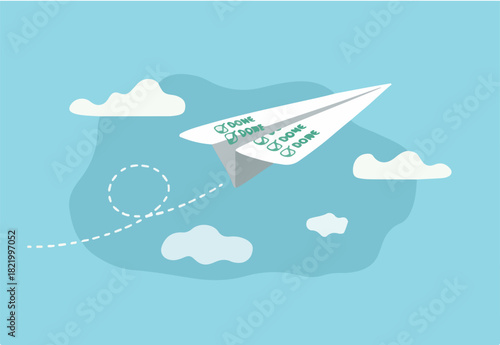 Productivity and efficiency to completed tasks, done checklist or todo list, working plan achievement concept, paper airplane origami with ticked checkbox as done or completed flying high to the sky.