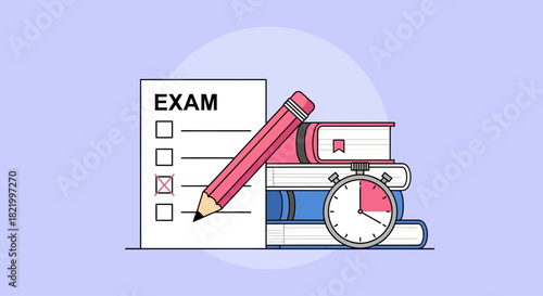 Illustration of a test paper with checkboxes, a pencil, and a stack of books, symbolizing education and learning with a stopwatch indicating time pressure