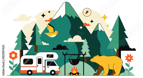 Illustrative Scene of a Camping Adventure in the Mountains with a Bear and RV