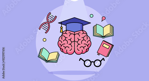 Educational Brainstorming Concept with Graduation Cap, Books, DNA, and Glasses - Science and Learning Illustration