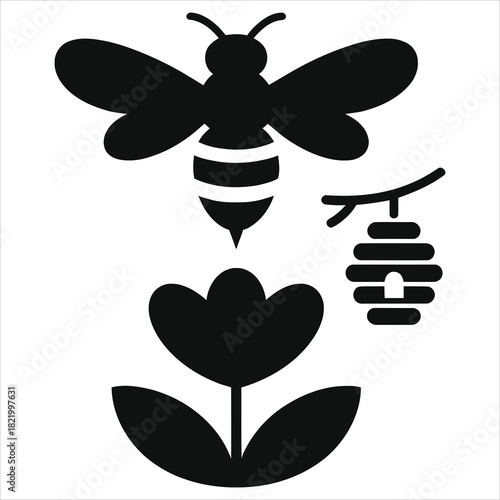 Bee silhouette vector icon. Honeybee with flower and beehive illustration. Spring season, nature, and apiculture symbol. Simple black and white design for logo or graphic element