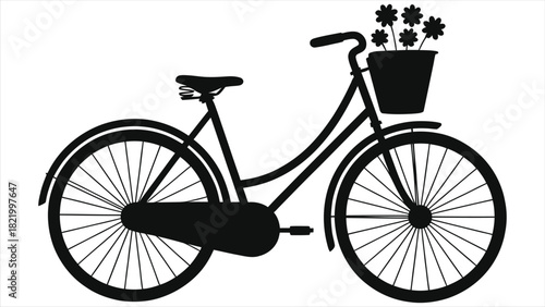 Springtime vintage bicycle vector silhouette with flower basket illustration, black retro bike clipart for greeting cards, eco travel print, floral transportation icon isolated on white background