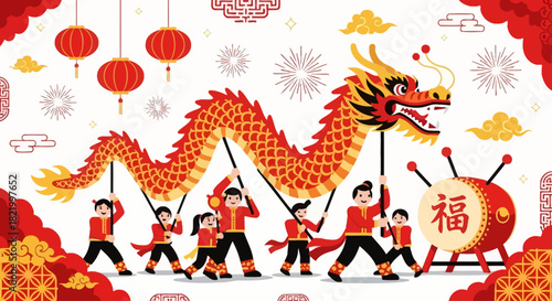 Chinese New Year Dragon Dance Celebration with Lanterns and Drum