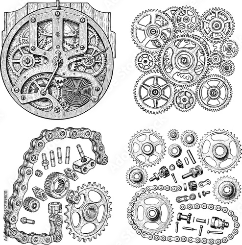 Steampunk Gears and Cogs Vector Sketch Set, Mechanical Parts