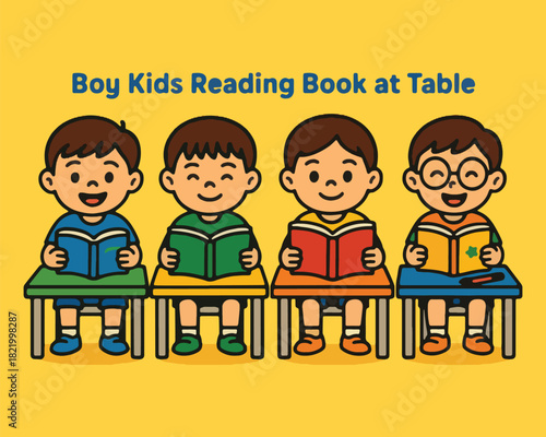 Back to school children cartoon vector illustration of a smiling boy and group of kids holding their books