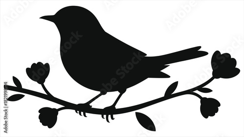 Spring Bird Silhouette Vector Graphic. Small songbird sitting on a blooming tree branch with stylized flowers. Minimalist design element for nature, decoration, and seasonal concepts.