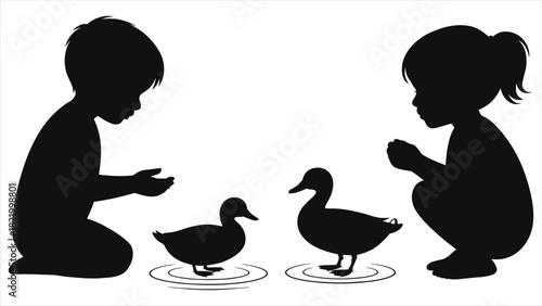 Spring Season Vector Silhouette: Young Boy and Girl Feeding Duck in Pond – Black and White Minimalist Childhood Outdoor Friendship Scene, Springtime Wildlife Feeding Illustration for Nature, Kids