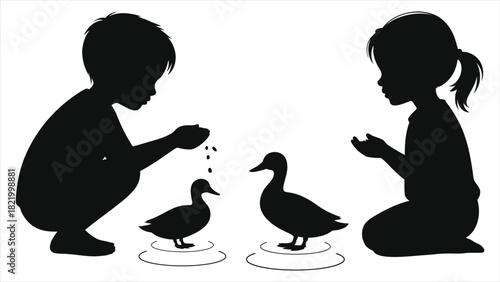 Spring kids feeding ducks in pond silhouette illustration, boy and girl playing with ducks, cute children wildlife scene vector, springtime family outdoor activity, black silhouette design