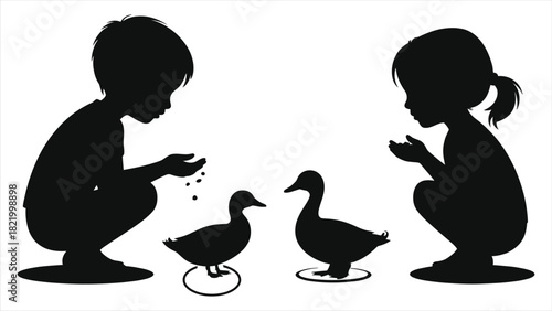 Spring Season Boy and Girl Feeding Ducks in Pond Vector Silhouette, Children Kids Outdoor Nature Activity Illustration, Black White Silhouette Art of Siblings Feeding Water Birds