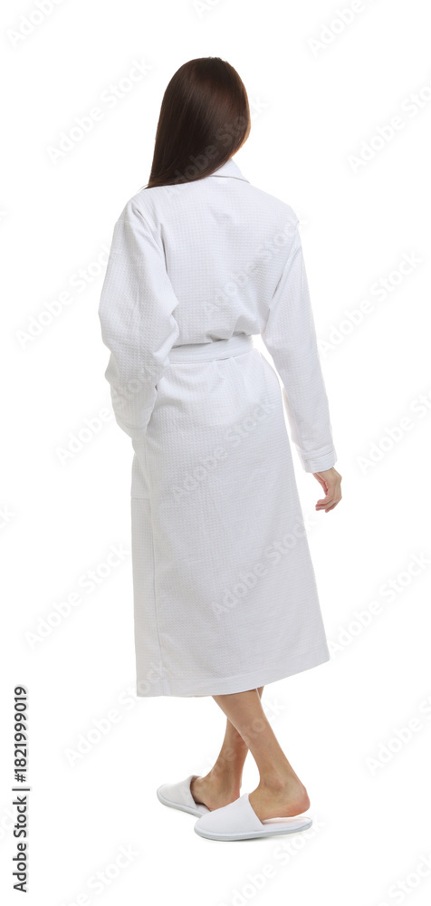Obraz premium Beautiful woman wearing bathrobe on white background, back view
