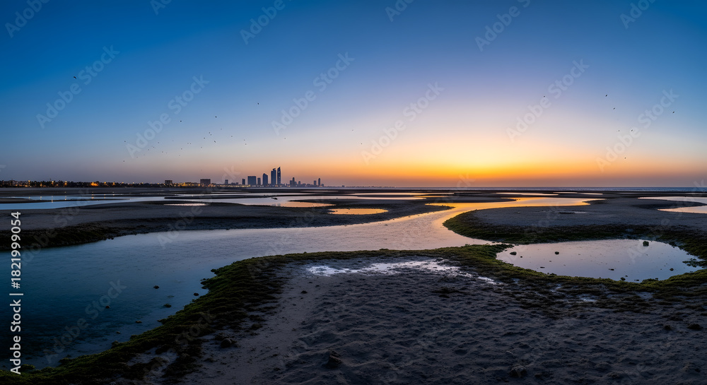 Fototapeta premium Serene Coastal Landscape at Sunrise with City Skyline Silhouette and Calm Waters