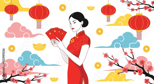 Beautiful Woman in Traditional Red Dress Holding Red Envelopes with Chinese New Year Decorations