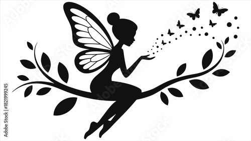 Spring Butterfly Fairy Silhouette Vector, Magical Enchanted Fairy on Leafy Branch with Butterflies & Sparkles, Black White Fantasy Fairy Art, Spring Season Magic Element for Wall Decals, Stickers