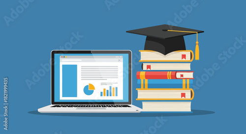 Online Learning and Digital Education Laptop, Graduation Cap, and Stack of Books