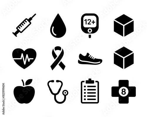 Diabetes Awareness and Healthcare Prevention Icons Representing Treatment and Healthy Lifestyle Options for Managing Blood Sugar Levels