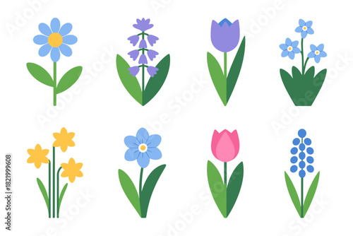 Variety of colorful spring flowers isolated on white background artistic floral design for greeting cards or web decorations
