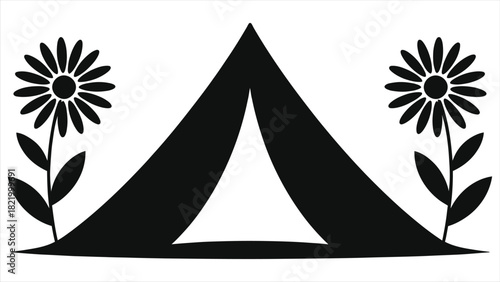 Spring camping tent with wildflowers vector illustration, minimalist black silhouette A-frame tent in meadow; nature adventure, outdoor travel, floral field, hiking season, printable clipart design