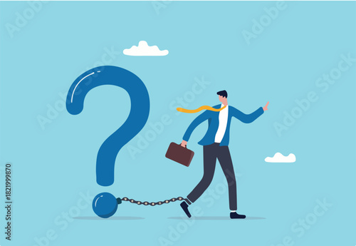 Struggle with unanswered question, problem or difficulty, hard questions or unsolvable quest concept, frustrated businessman chained with huge large question mark burden.