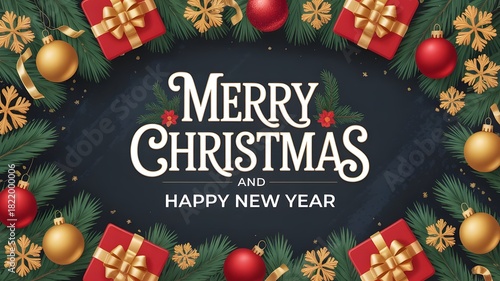 Merry christmas and happy new year greeting card with festive decorations