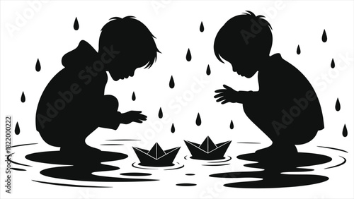 Cute Kids Playing with Paper Boats in Rain Puddles, Spring Season Vector Illustration, Childhood Fun, Rainy Day Activities, Silhouette Art for Cards, Posters, and Decor