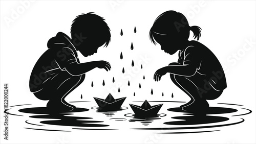 Spring rain childhood fun vector illustration — silhouette boy and girl crouching by puddle floating paper boat, seasonal playful kids activity, black and white minimal design ideal for cards, prints