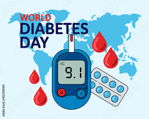 World Diabetes Day Awareness Campaign with Glucometer and Medication Over World Map Illustration