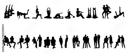 Vector silhouettes of people in a row. People doing yoga, pilates, simply sitting, or walking outside.