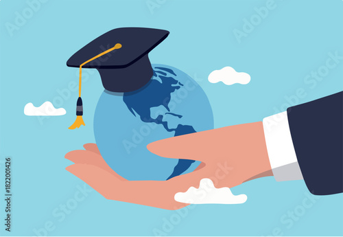 Study abroad world education curriculum, overseas school, college and university or international academic concept, success graduated student holding globe shape wearing academic mortarboard hat.