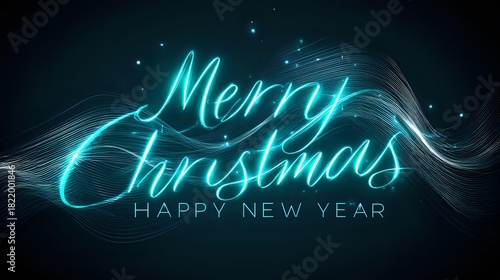 Merry Christmas and Happy New Year background with bright turquoise and silver glowing waves outlining vivid glowing text set on a modern gradient