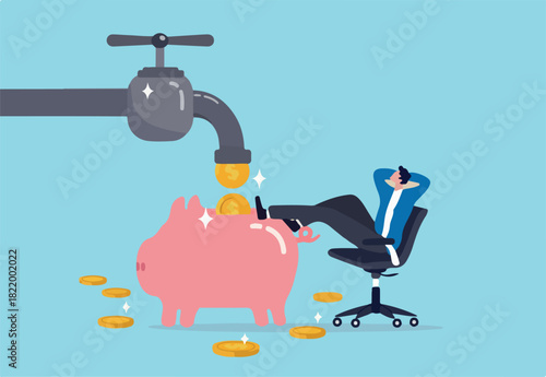 Passive income to reach financial freedom, earning money while you sleep or wealth increase without salary concept, relax businessman sit on the chair to see money faucet flow into savings piggybank.