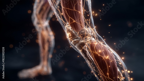 anatomical visualization of knee joint with nerves and muscles in transparent body