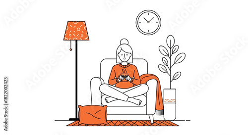 Cozy woman relaxing in armchair with a warm drink and a book, surrounded by ambient home decor