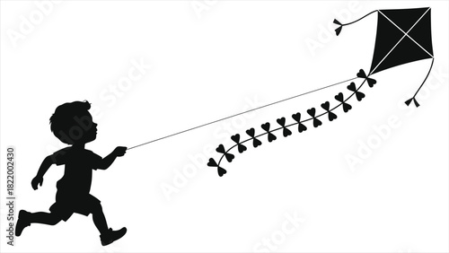 Silhouette of Child Running and Flying a Kite with Heart Streamers, Vector Illustration of Spring Outdoor Fun and Play