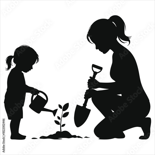 Spring Season Mother & Daughter Gardening Together Silhouette Vector – Family Bonding Outdoor Gardening Activity, Mom & Child Watering Seedling, Eco-Friendly Springtime Hobby Isolated Illustration