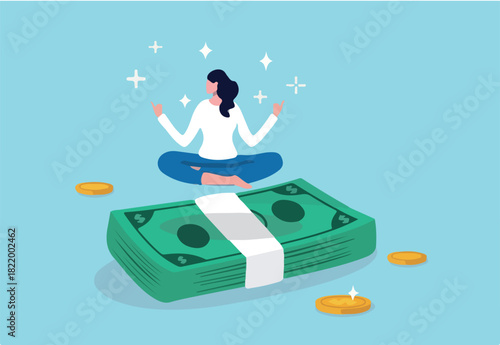 Financial wellbeing, money management, savings or investment, making money or wealth accumulate, income, salary or wages concept, success woman lotus meditating on pile of money banknotes and coin