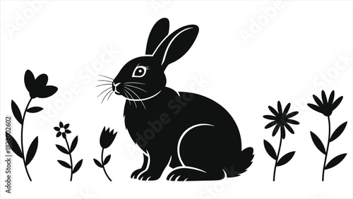 Black Rabbit or Easter Bunny Silhouette Vector Icon surrounded by Spring Flowers and Plants. Simple nature, animal, and springtime minimalist design illustration.