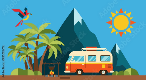 A vibrant illustration of a camper van adventure in a tropical paradise with mountains and a parrot