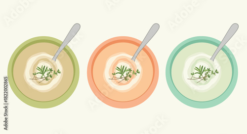 Three bowls of soup, garnished with herbs, presented from a top-down perspective on a neutral background, showcasing diversity in flavors