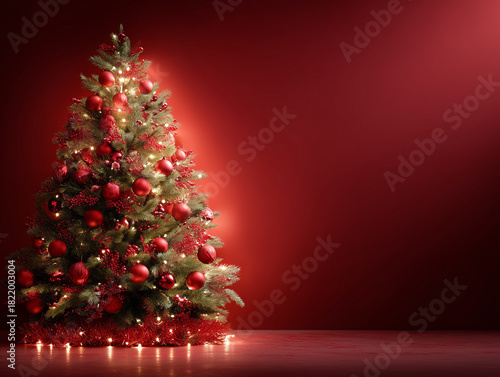 Weihnachtsbaum vor rotem Hintergrund – Festliche Dekoration und Feiertagsstimmung