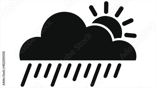 Spring rain cloud with sun weather icon, minimal black vector illustration of rainy sunshine and showers, simple seasonal forecast symbol for springtime climate apps, web design and infographic 