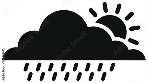 Spring sunshower weather icon. Vector symbol of sun and rain cloud. Black and white pictogram for forecast, climate, meteorology concept. Isolated illustration.
