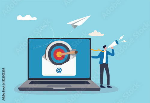 Email marketing, subscribe newsletter or sending online promotion to drive customer to website, communication and advertise concept, businessman with megaphone and targeting email on computer laptop