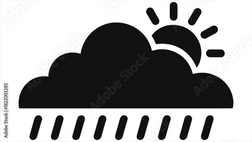 Spring rain weather icon vector – black sun cloud and raindrop symbol for springtime forecast, seasonal climate app UI, web design, infographic, minimal flat illustration on white background