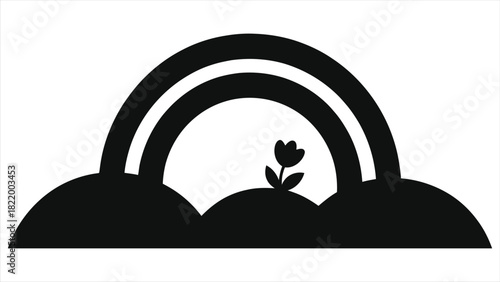 Minimalist Spring Rainbow and Flower Silhouette Icon. Simple Black Vector Illustration of Hills, Rain, and Growth. Cute Nature Symbol for Weather Forecast or Child Design.