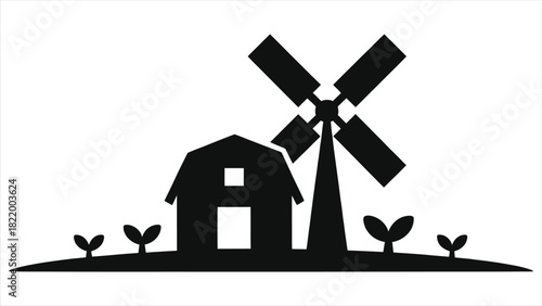 Spring Farm Silhouette Vector - Barn, Windmill, Seedlings, Rural Agriculture Black and White Minimalist Illustration, Seasonal Farming Icon, Countryside Eco Design Element