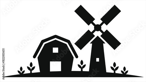  Black and White Vector Icon of a Farm Barn, Windmill, and Sprouting Seedlings – Symbolizing Agriculture, Renewable Energy, and Spring Growth