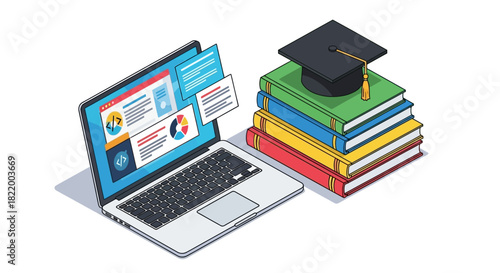 Illustration of a laptop and stack of books, representing education and learning, with graduation cap on top book
