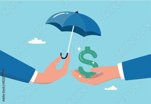 Income protection, security or safety guard protect investment profit, wealth preservation or insurance, risk management concept, businessman hand offer umbrella to protect dollar sign money.