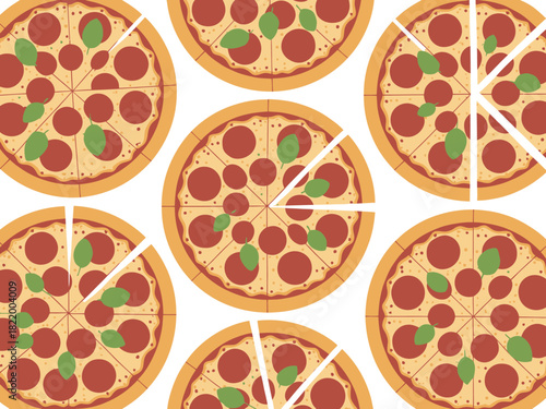An overhead view of several pepperoni pizzas with missing slices